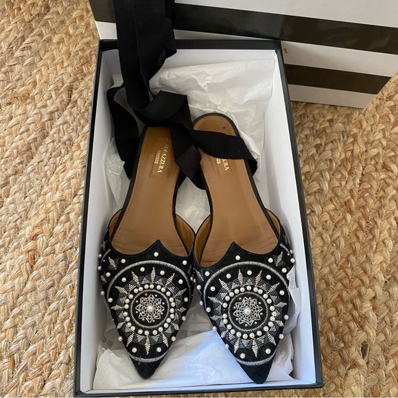 Aquazzura Stellar Embellished Black Suede Flats - Picture 4 of 10